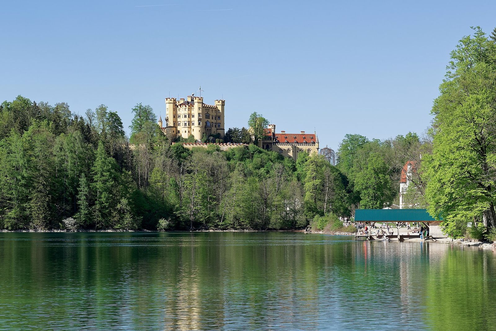Das gelbe Schloss Hohenschwangau über bewaldetem Ufer, das sich im ruhigen Wasser des Alpsees spiegelt